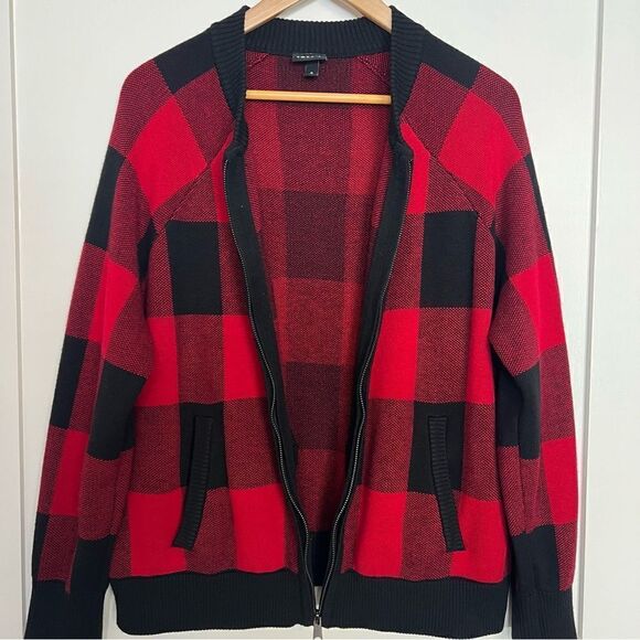 Torrid Red Plaid Long Sleeve Raglan Bomber Cardigan Zip Sweater Size 0 Large - Picture 7 of 13